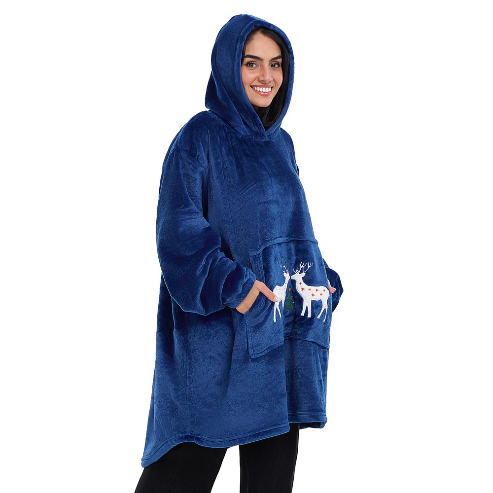 Snuggs Blanket Hoodie Dark Blue Christmas Deer Pocket - Image 6