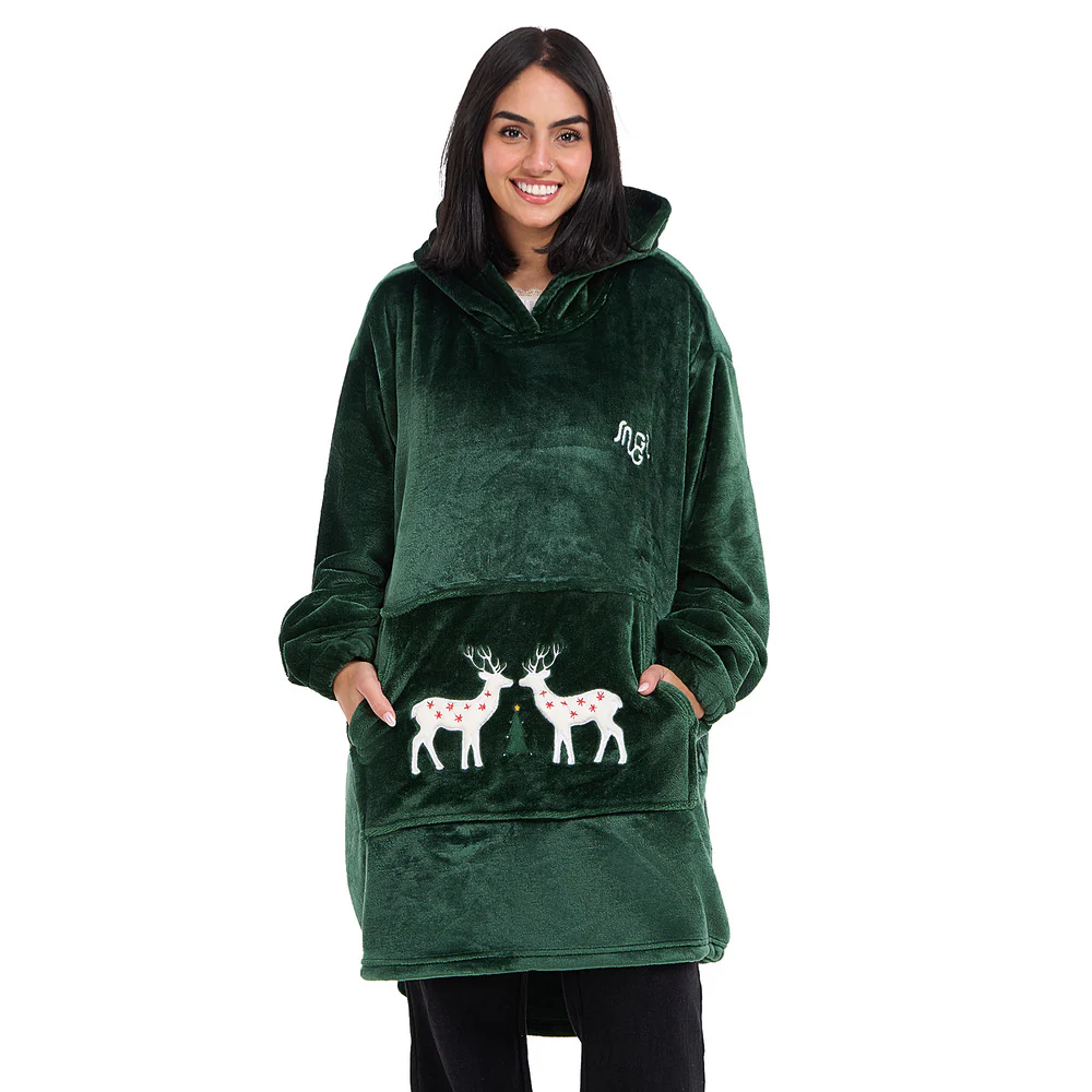 Snuggs Blanket Hoodie Dark Green Christmas Deer Pocket - Image 2
