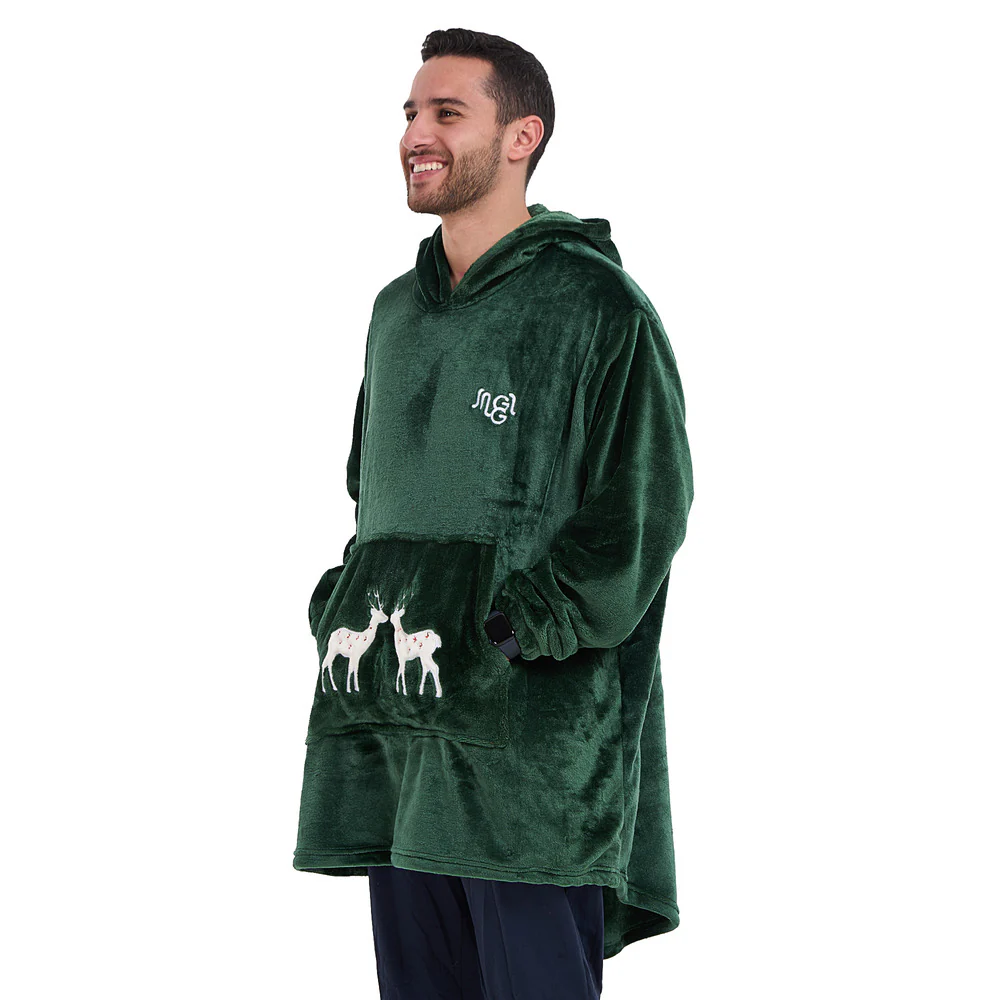 Snuggs Blanket Hoodie Dark Green Christmas Deer Pocket - Image 3