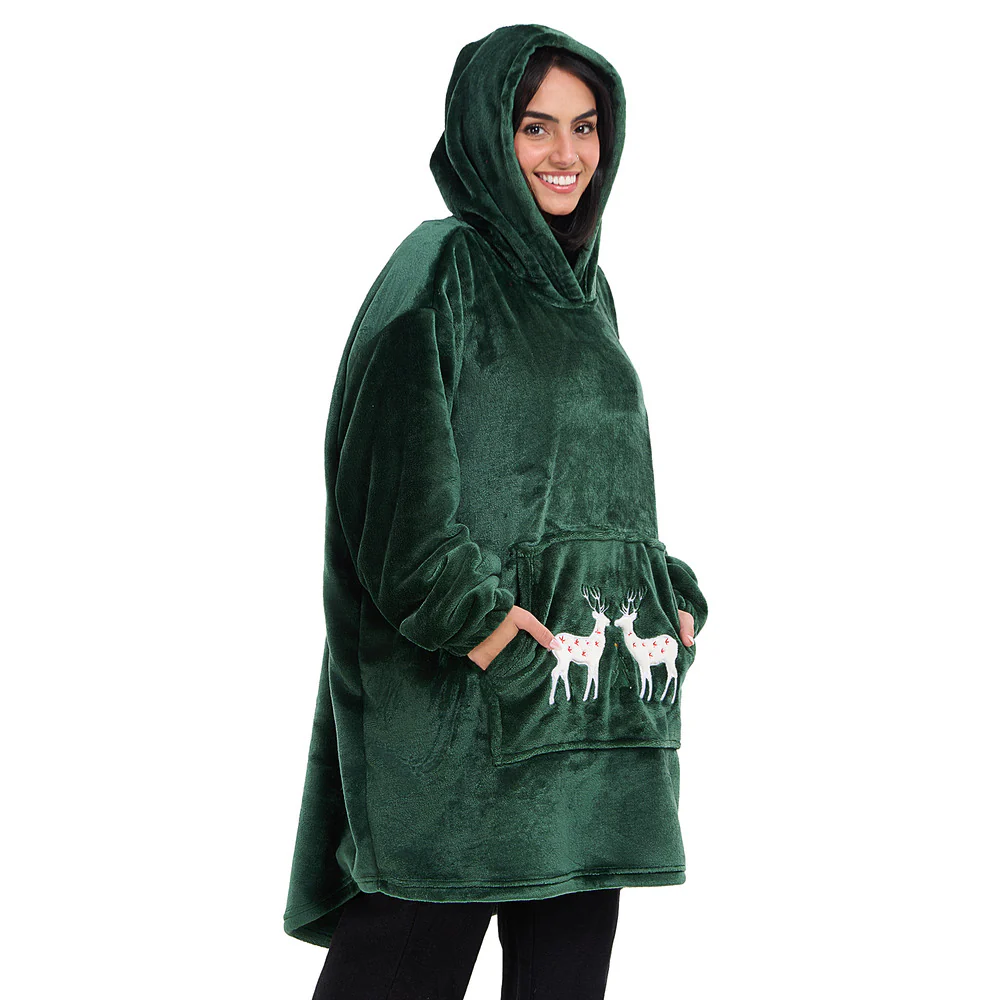 Snuggs Blanket Hoodie Dark Green Christmas Deer Pocket - Image 4