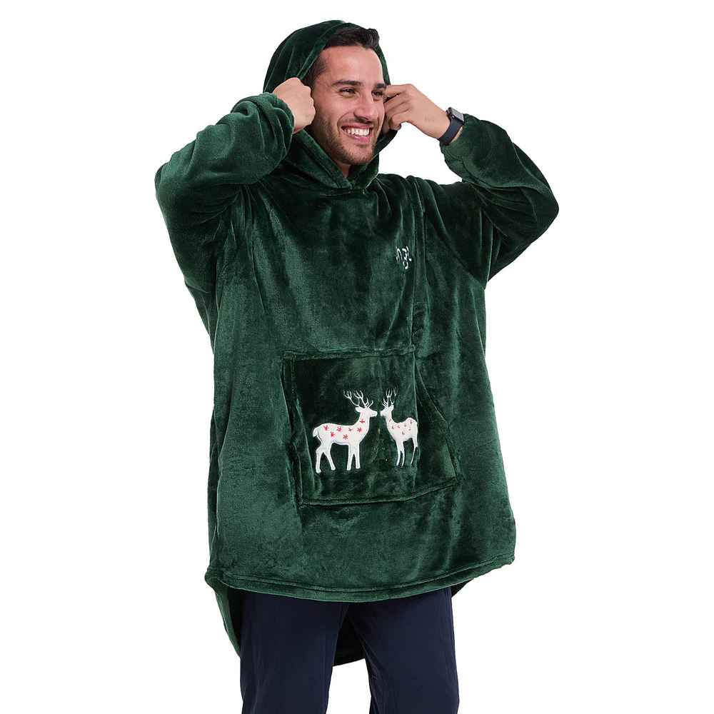 Snuggs Blanket Hoodie Dark Green Christmas Deer Pocket - Image 5