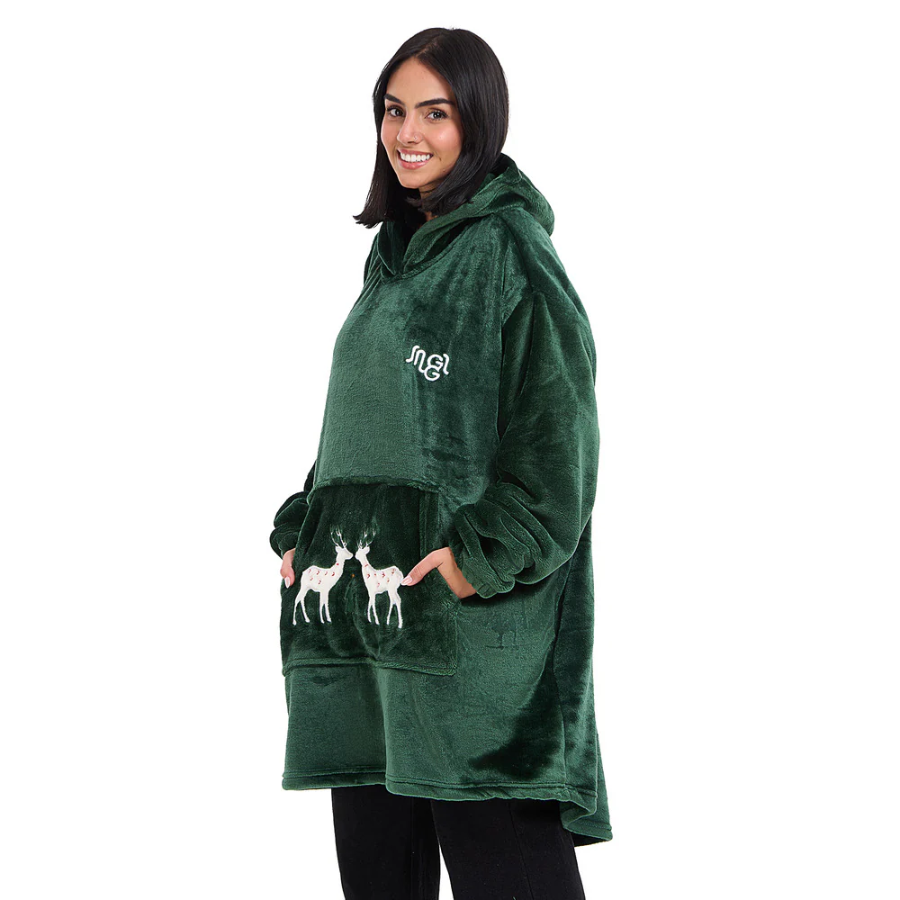 Snuggs Blanket Hoodie Dark Green Christmas Deer Pocket - Image 6