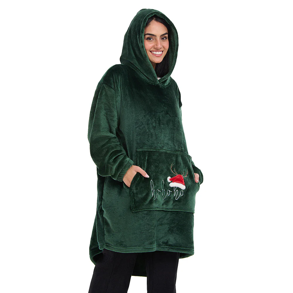 Snuggs Blanket Hoodie Dark Green Christmas Ho Ho Ho Pocket - Image 4