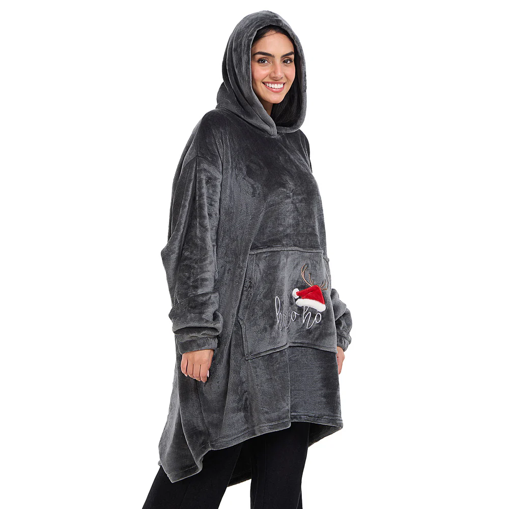 Snuggs Blanket Hoodie Dark Grey Christmas Ho Ho Ho Pocket - Image 3