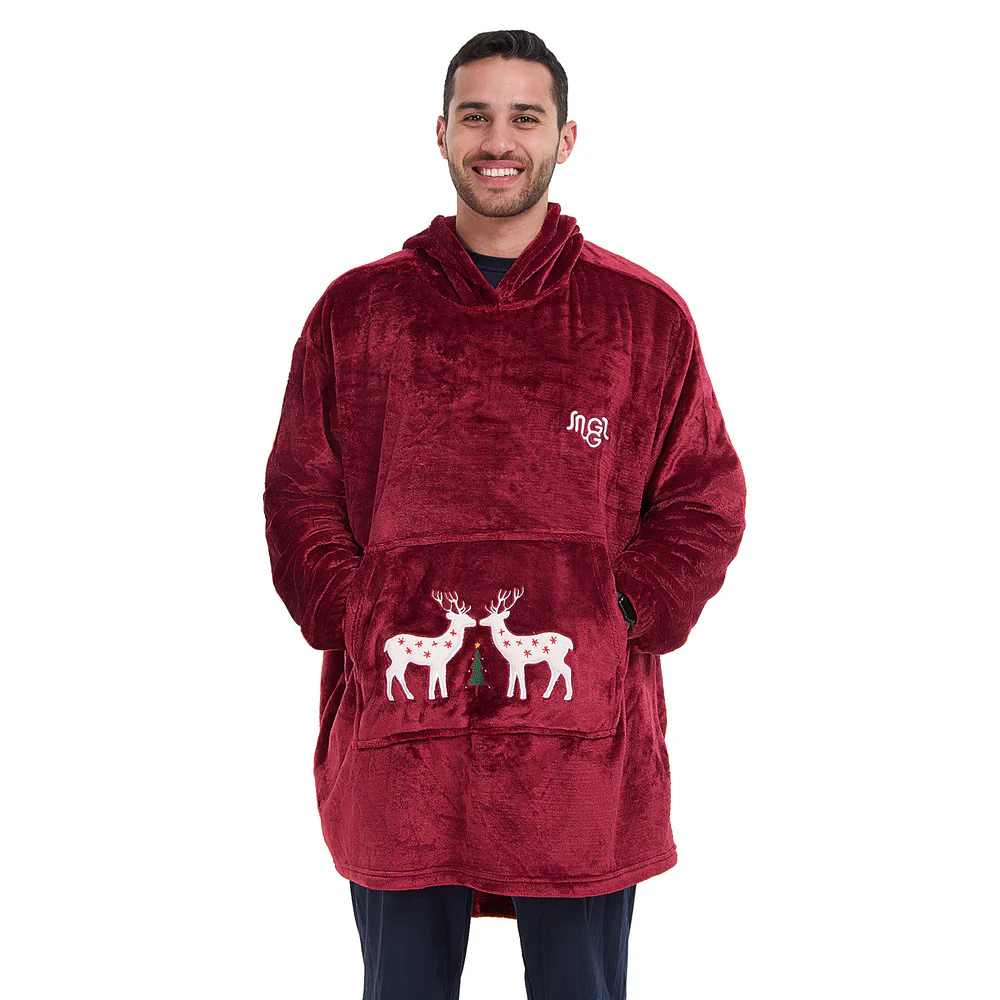 Snuggs Blanket Hoodie Dark Red Christmas Deer Pocket - Image 2