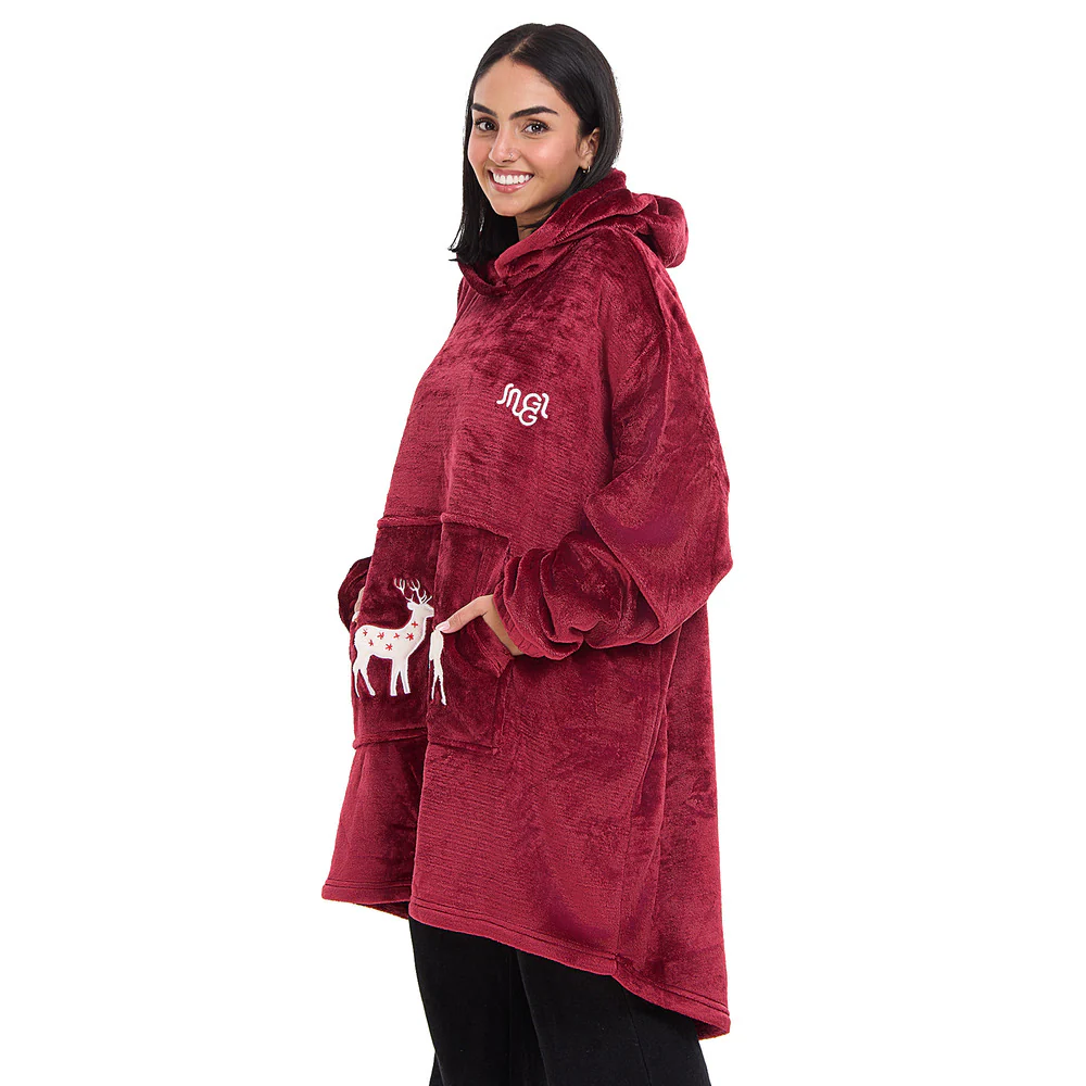 Snuggs Blanket Hoodie Dark Red Christmas Deer Pocket - Image 3
