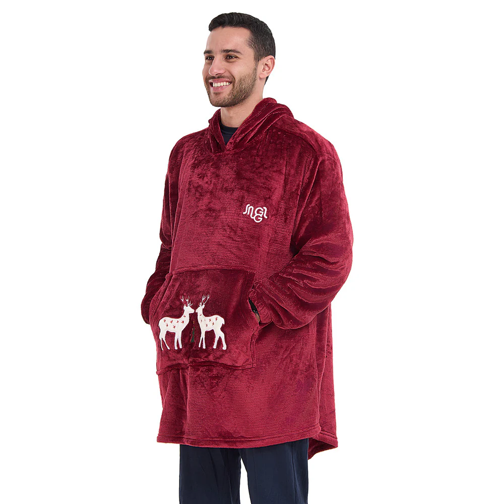 Snuggs Blanket Hoodie Dark Red Christmas Deer Pocket - Image 4