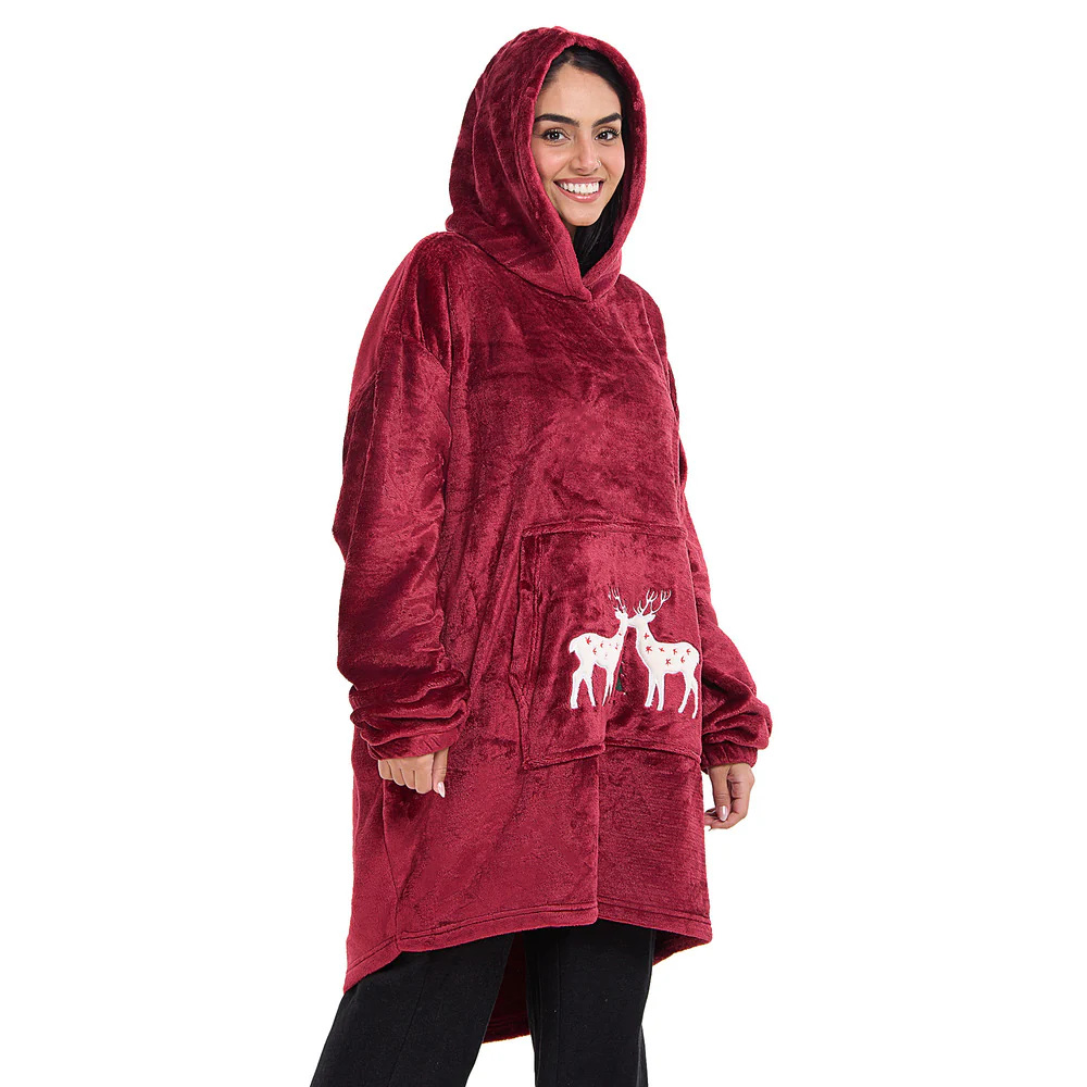 Snuggs Blanket Hoodie Dark Red Christmas Deer Pocket - Image 5