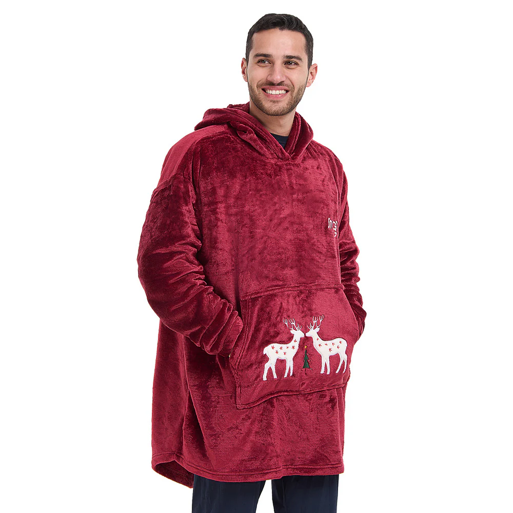 Snuggs Blanket Hoodie Dark Red Christmas Deer Pocket - Image 6