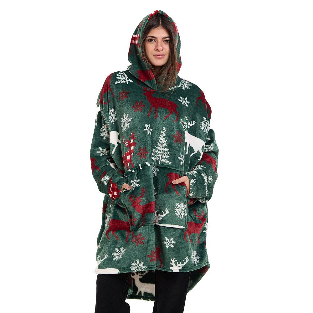 Snuggs Blanket Hoodie Green Deer Christmas - Image 2
