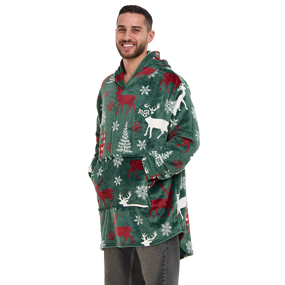 Snuggs Blanket Hoodie Green Deer Christmas - Image 3