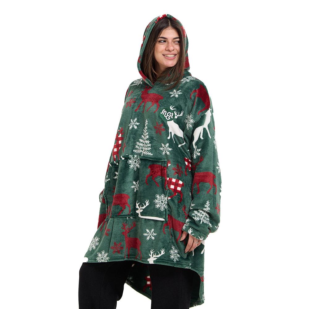 Snuggs Blanket Hoodie Green Deer Christmas - Image 4