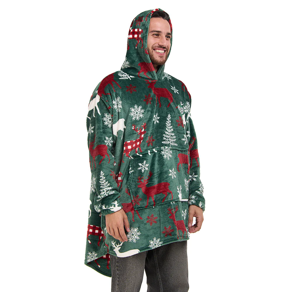 Snuggs Blanket Hoodie Green Deer Christmas - Image 5