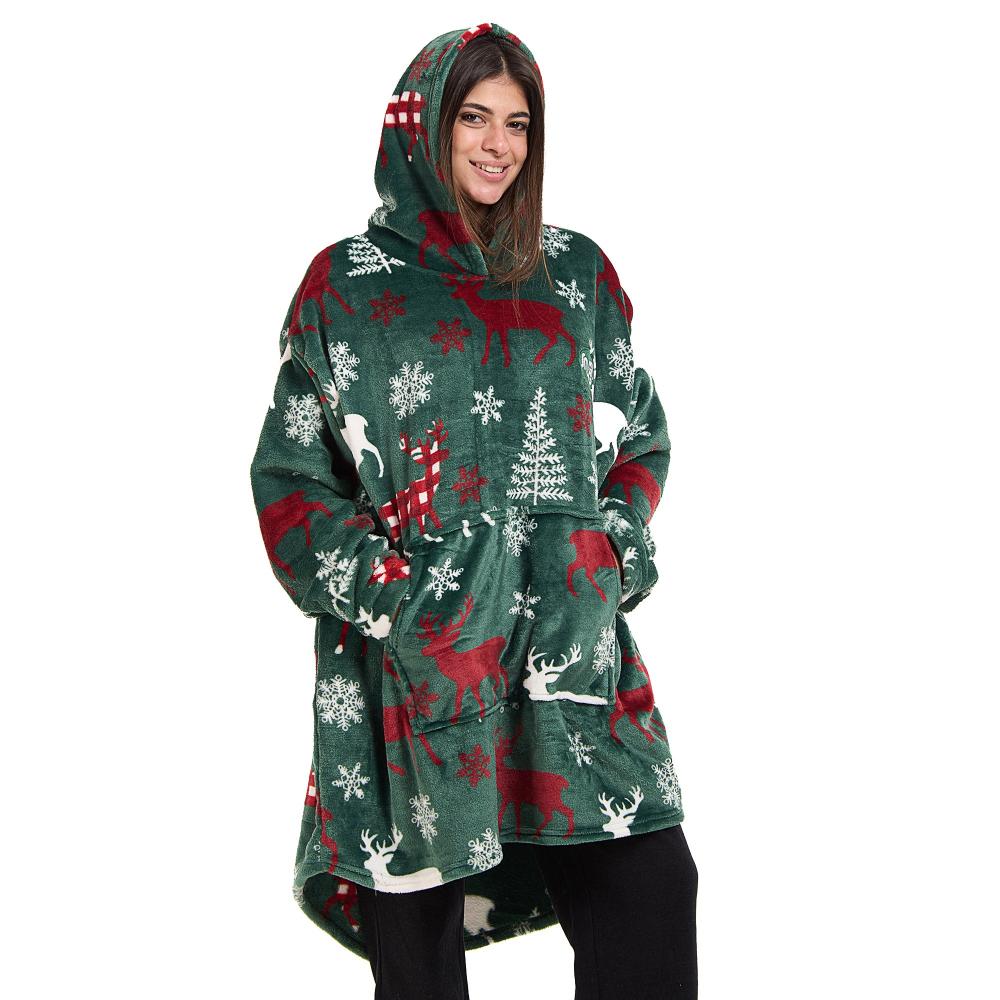 Snuggs Blanket Hoodie Green Deer Christmas - Image 6