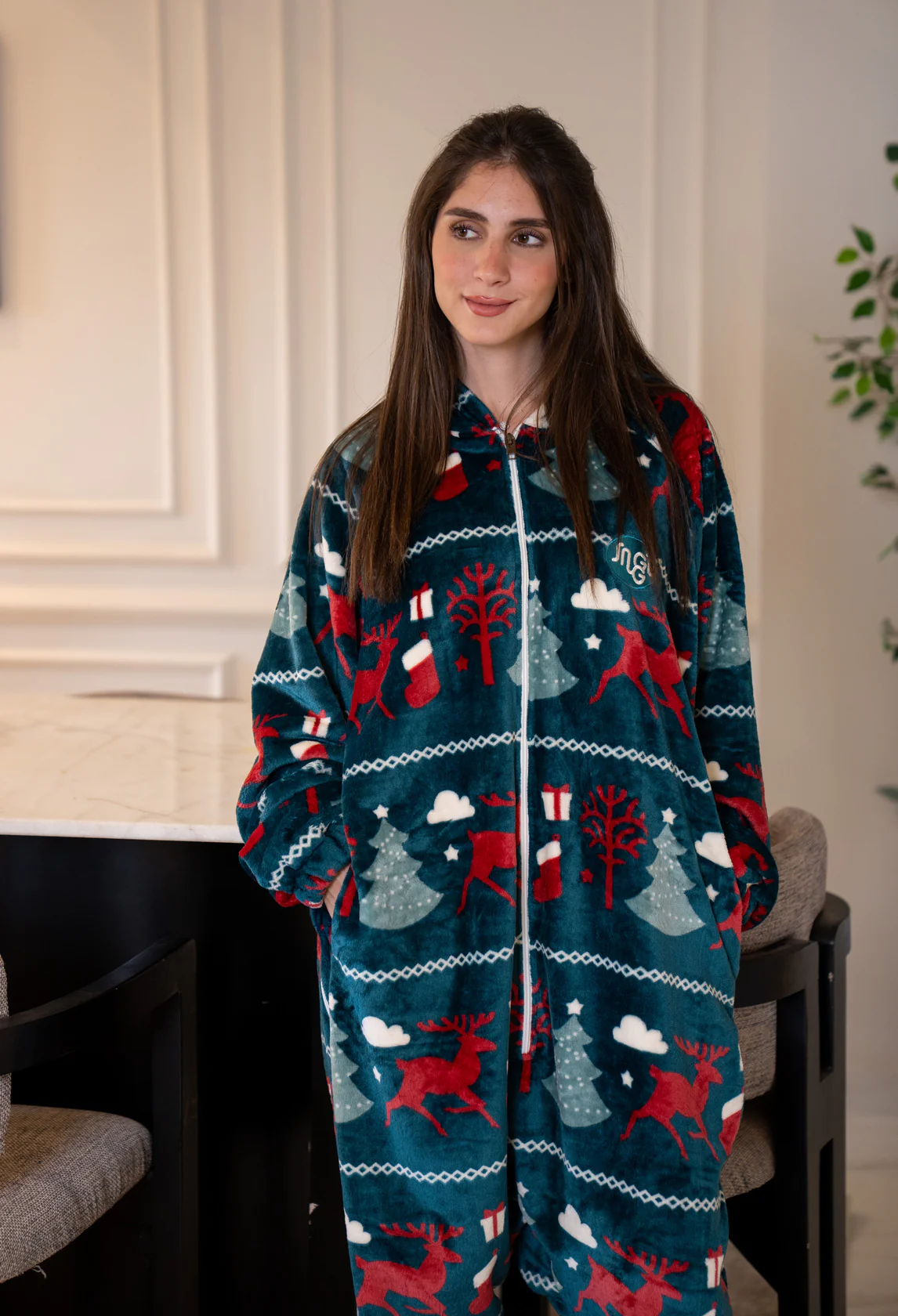 Snuggs Blanket Onesie Christmas Teal Reindeer - Image 2