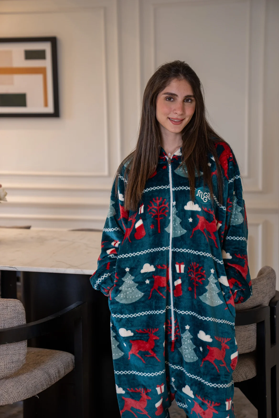 Snuggs Blanket Onesie Christmas Teal Reindeer - Image 3