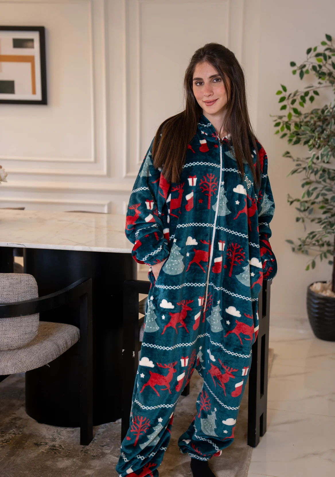 Snuggs Blanket Onesie Christmas Teal Reindeer - Image 4