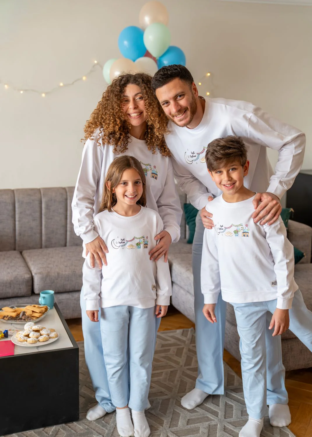 Snuggs Unisex Kids Eid pajama set Off White T-shirt + Light Blue Pants - Image 4