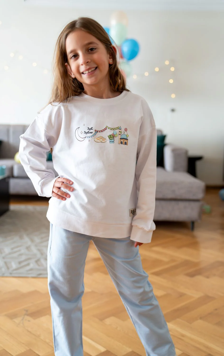 Snuggs Unisex Kids Eid pajama set Off White T-shirt + Light Blue Pants - Image 5