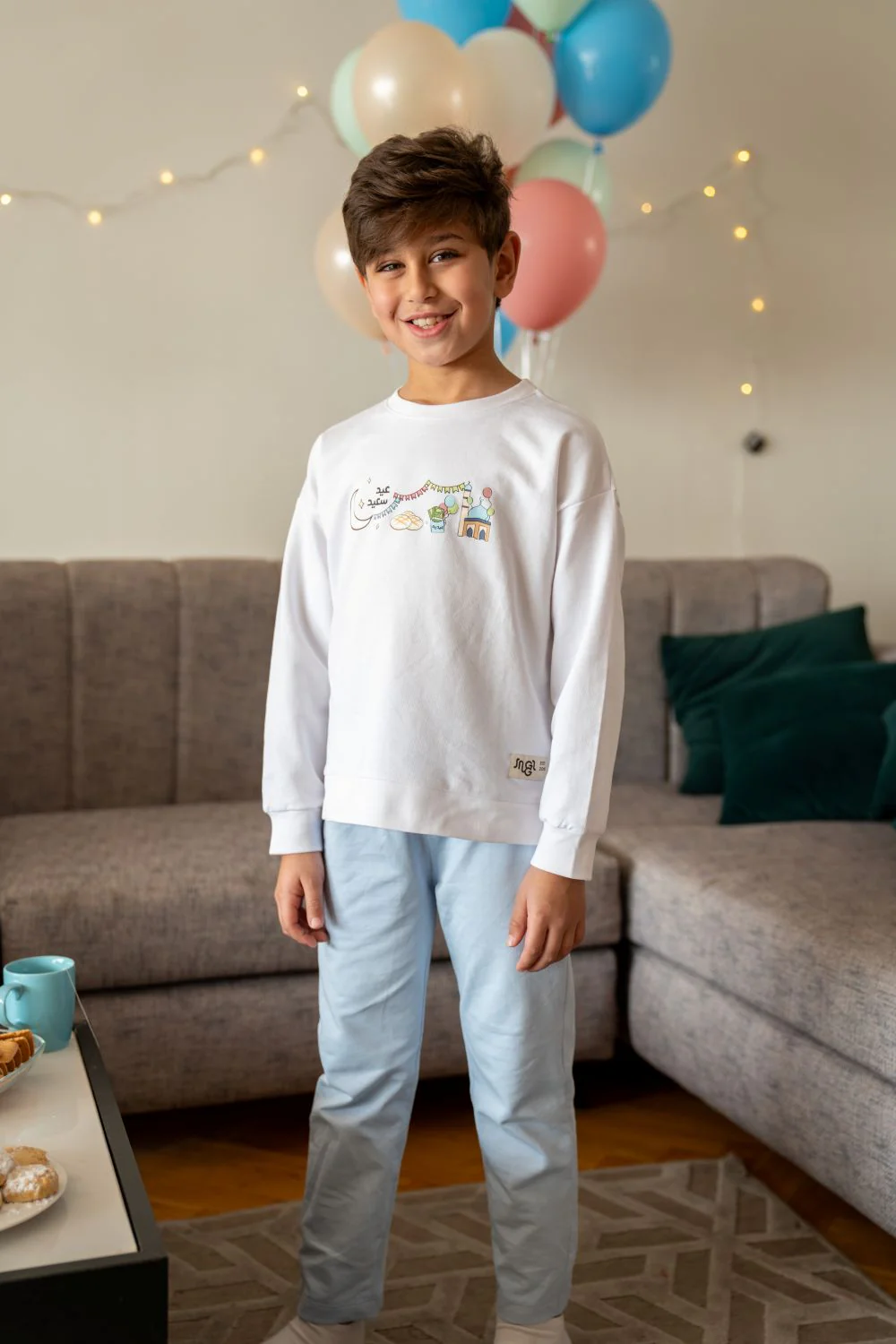 Snuggs Unisex Kids Eid pajama set Off White T-shirt + Light Blue Pants - Image 6