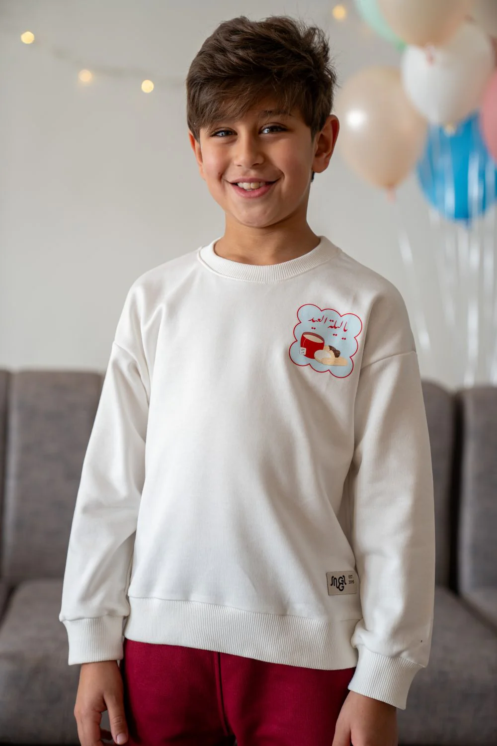 Snuggs Unisex Kids Eid pajama set Off White T-shirt + Dark Red Pants - Image 3