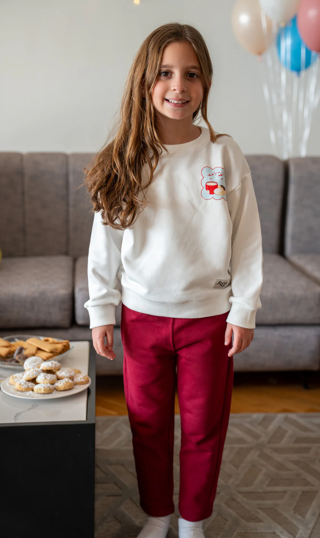 Snuggs Unisex Kids Eid pajama set Off White T-shirt + Dark Red Pants - Image 4