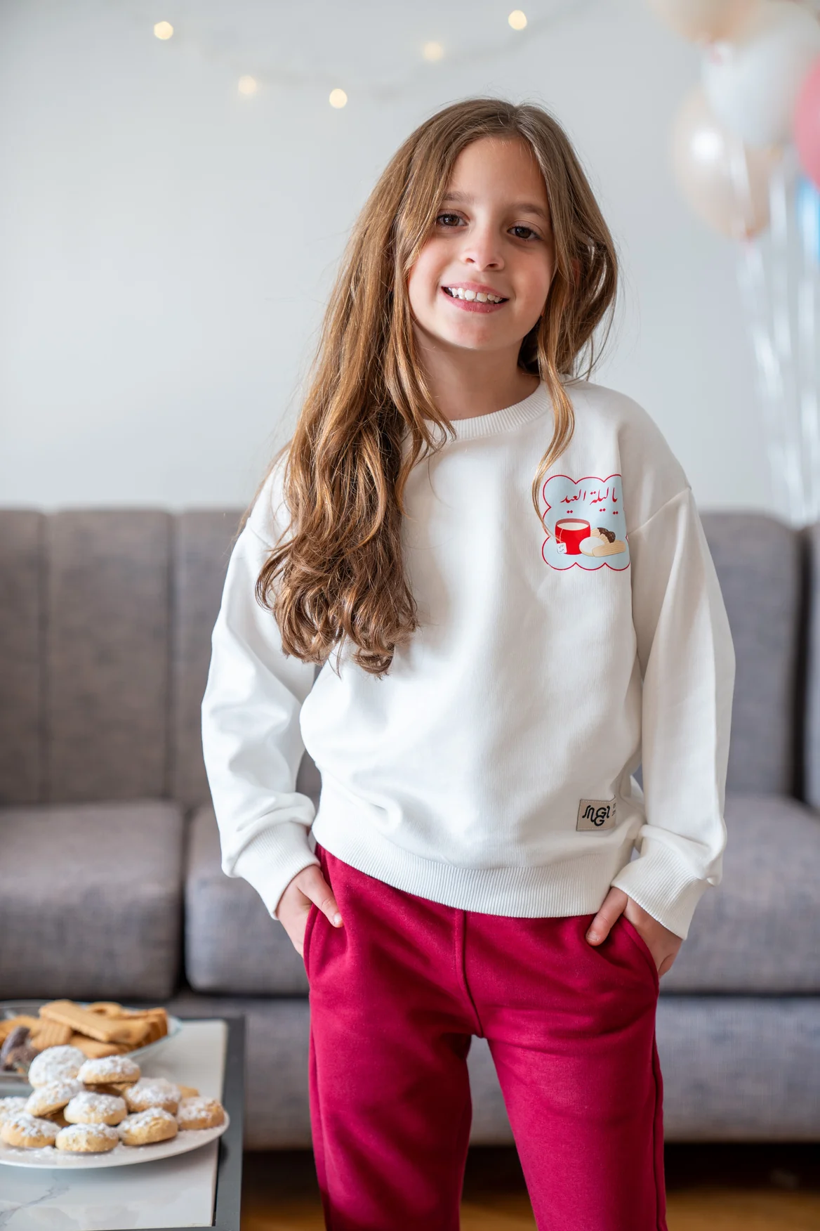 Snuggs Unisex Kids Eid pajama set Off White T-shirt + Dark Red Pants - Image 5