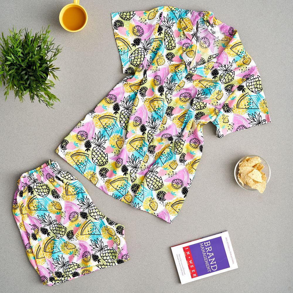Women summer pajama set Pineapple buttoned shirt + shorts - Image 2