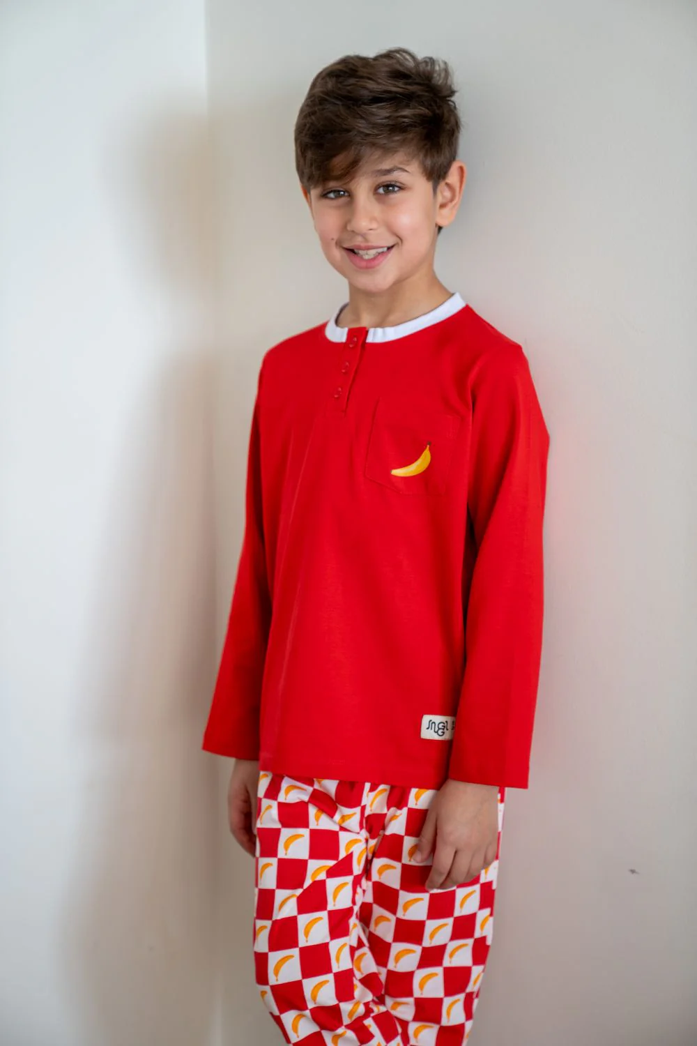 Unisex Kids Eid pajama set Dark Red Top + Banana Checkered Pants - Image 2