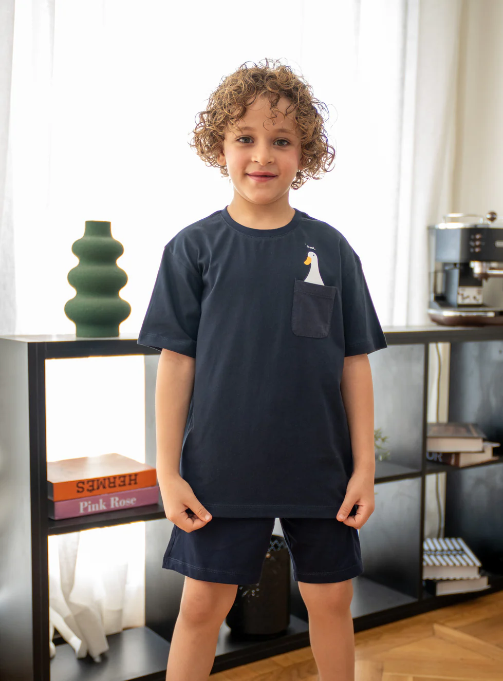 Unisex kids summer pajama set Duck t-shirt + Dark Blue shorts - Image 3