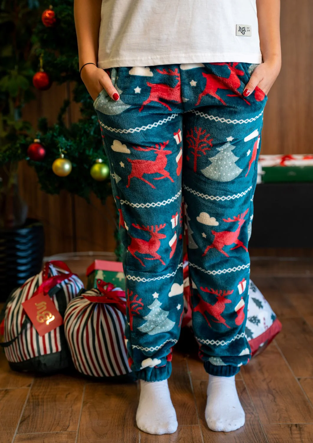 Unisex winter Deer Teal Christmas pants