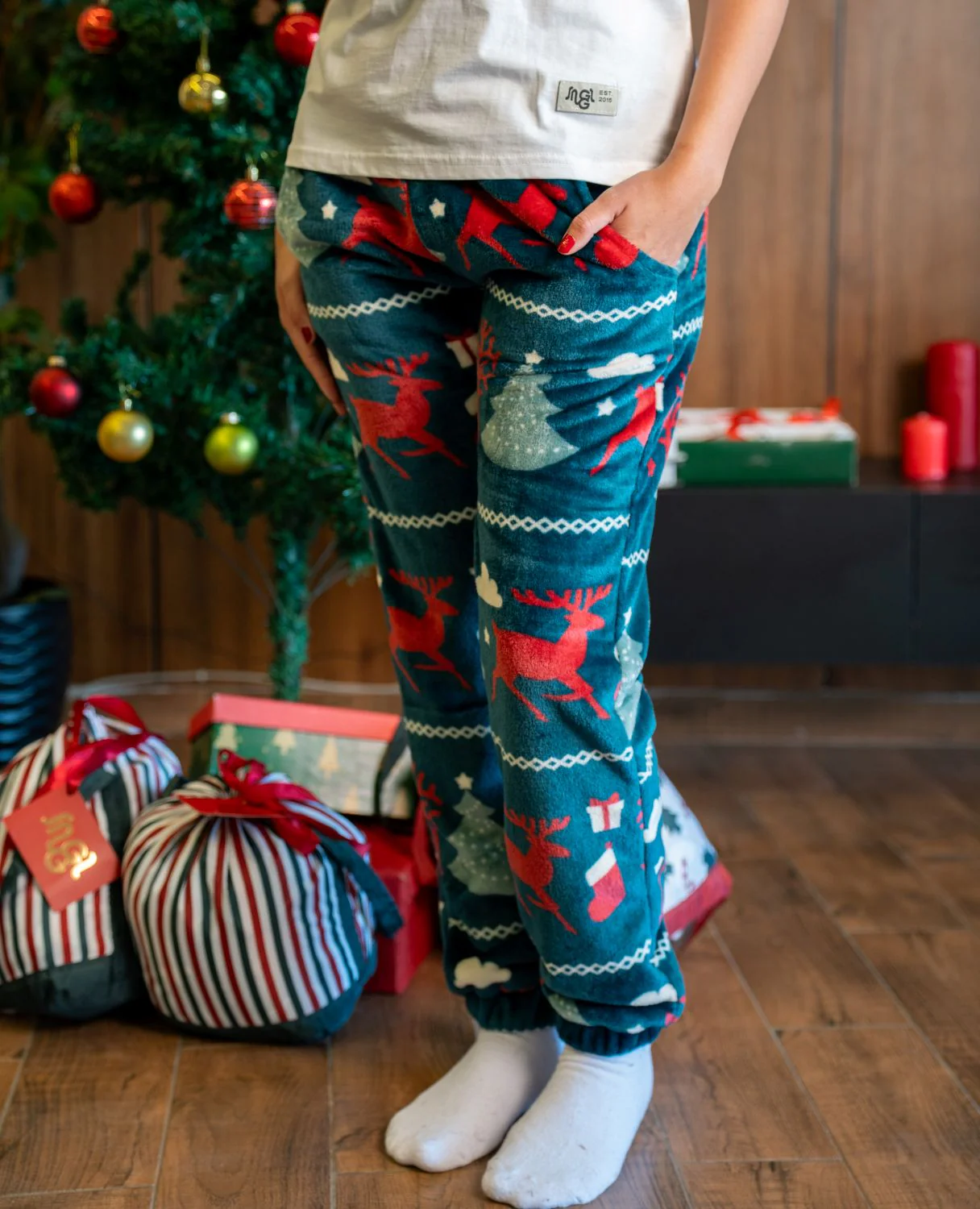 Unisex winter Deer Teal Christmas pants - Image 2