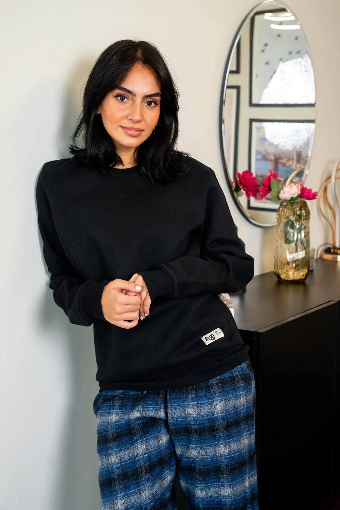 Women Winter Pajama Set Black Buttoned shirt + Checkered Blue Black x Grey pants - Image 2