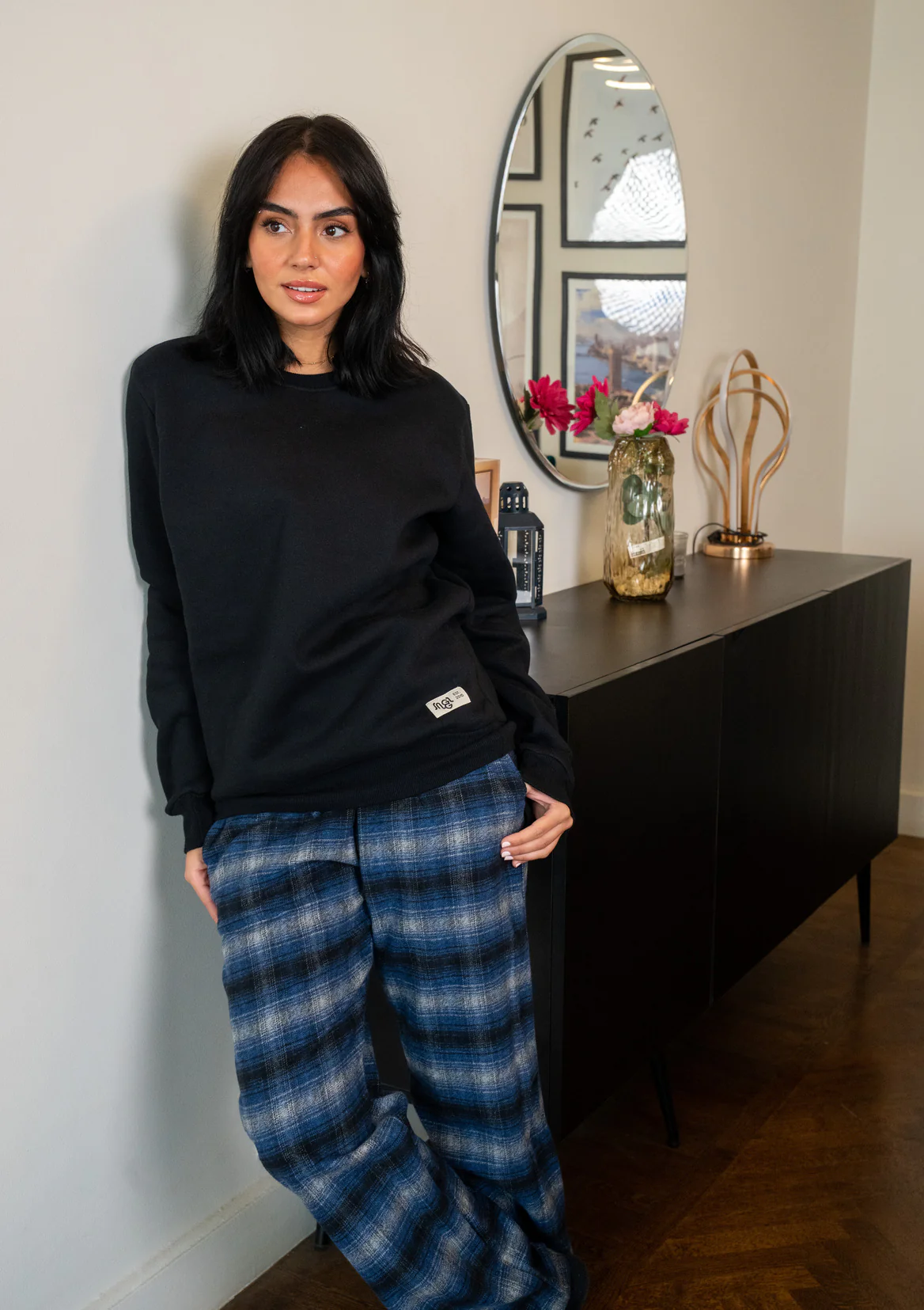 Women Winter Pajama Set Black Buttoned shirt + Checkered Blue Black x Grey pants - Image 3