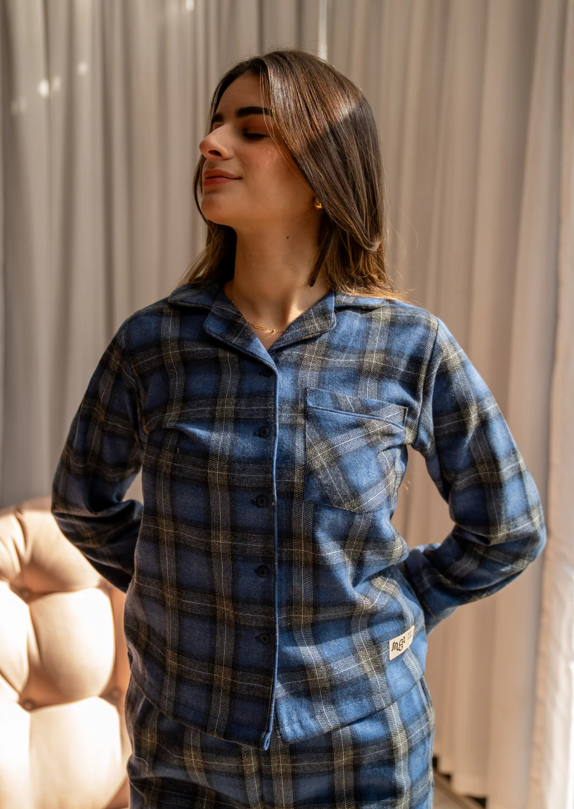 Women Winter Pajama Set Checkered Black x Blue Buttoned shirt + Checkered Black x Blue pants - Image 3