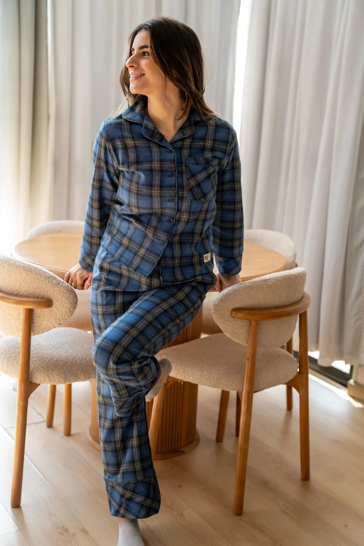 Women Winter Pajama Set Checkered Black x Blue Buttoned shirt + Checkered Black x Blue pants - Image 4