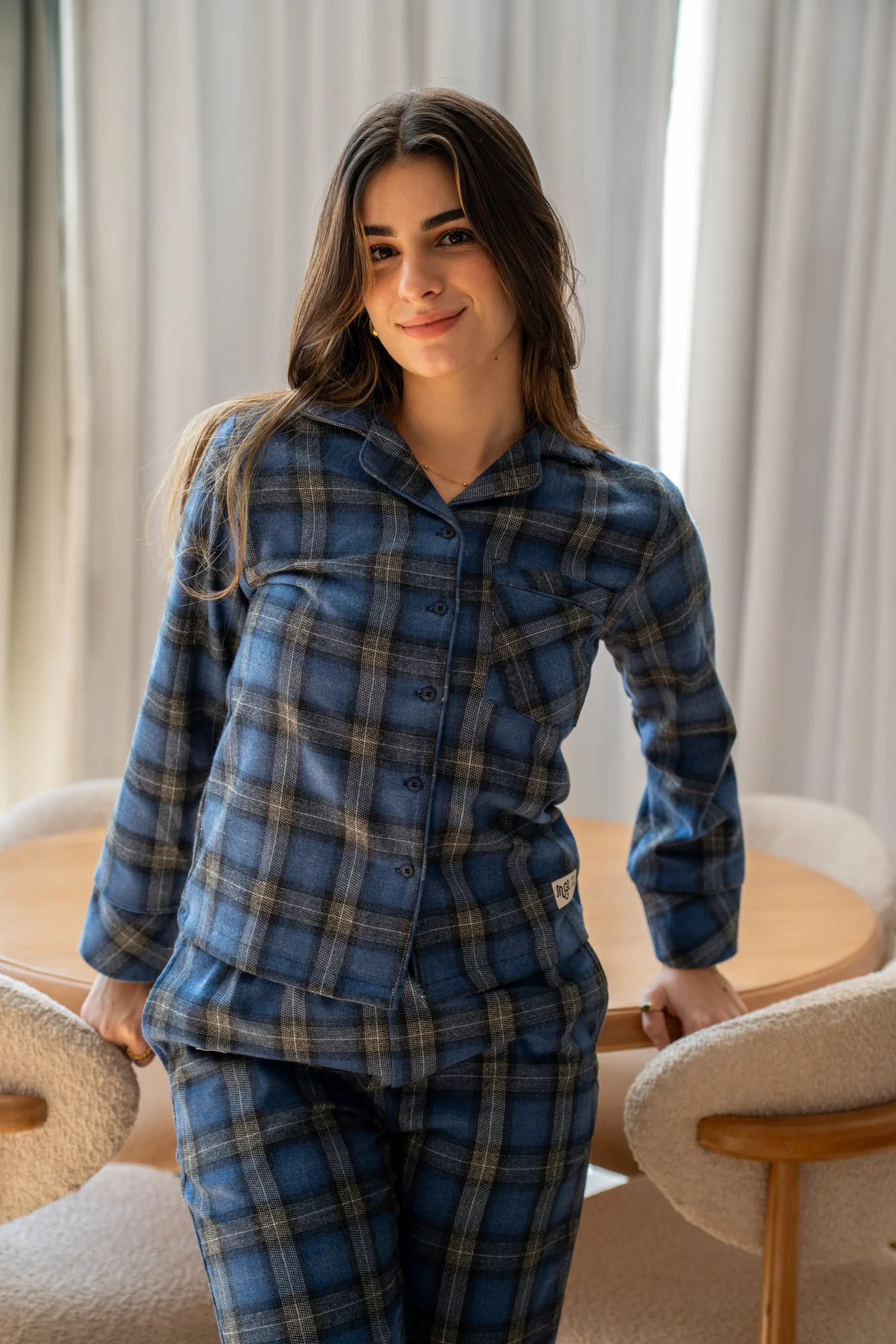Women Winter Pajama Set Checkered Black x Blue Buttoned shirt + Checkered Black x Blue pants - Image 5