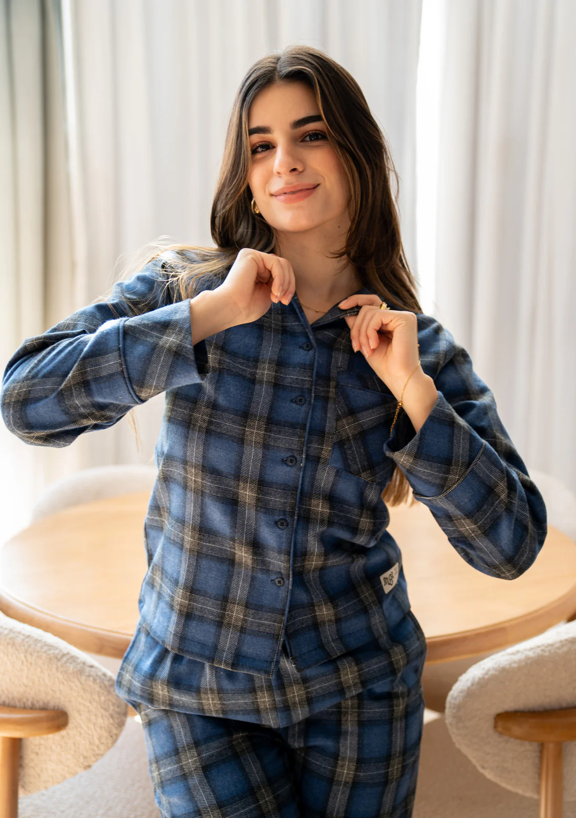 Women Winter Pajama Set Checkered Black x Blue Buttoned shirt + Checkered Black x Blue pants - Image 6