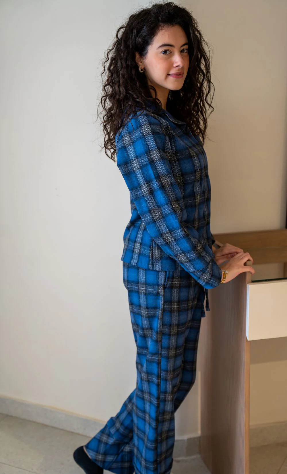 Women Winter Pajama Set Checkered Black x Blue Buttoned shirt + Checkered Black x Blue pants - Image 8