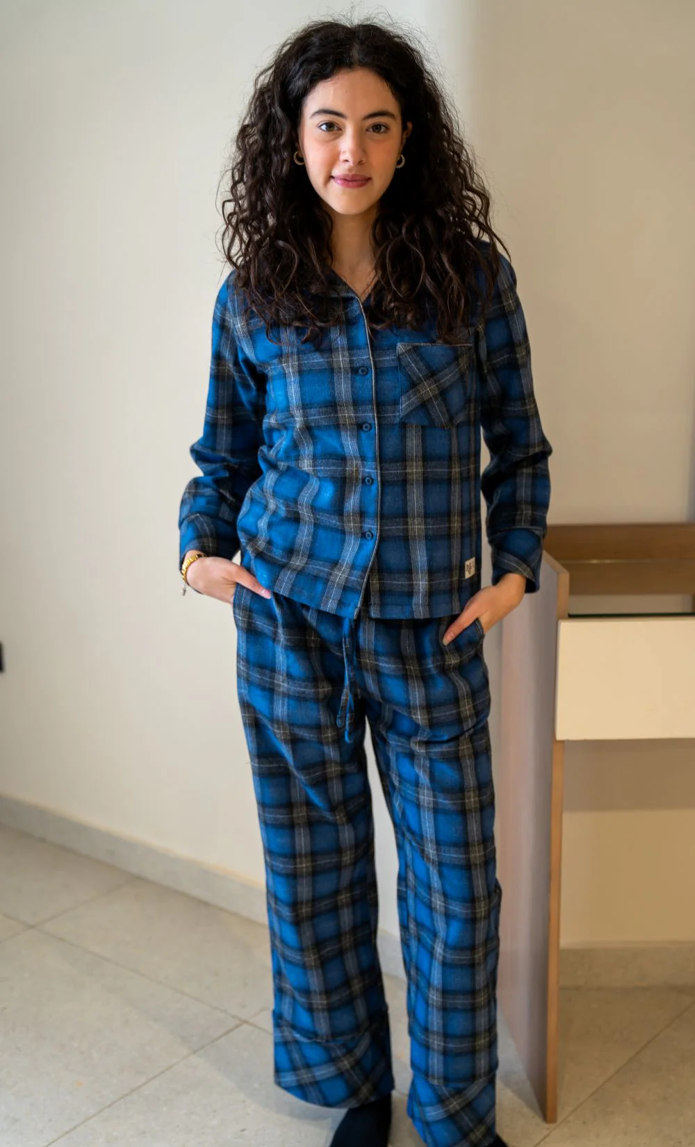 Women Winter Pajama Set Checkered Black x Blue Buttoned shirt + Checkered Black x Blue pants - Image 9