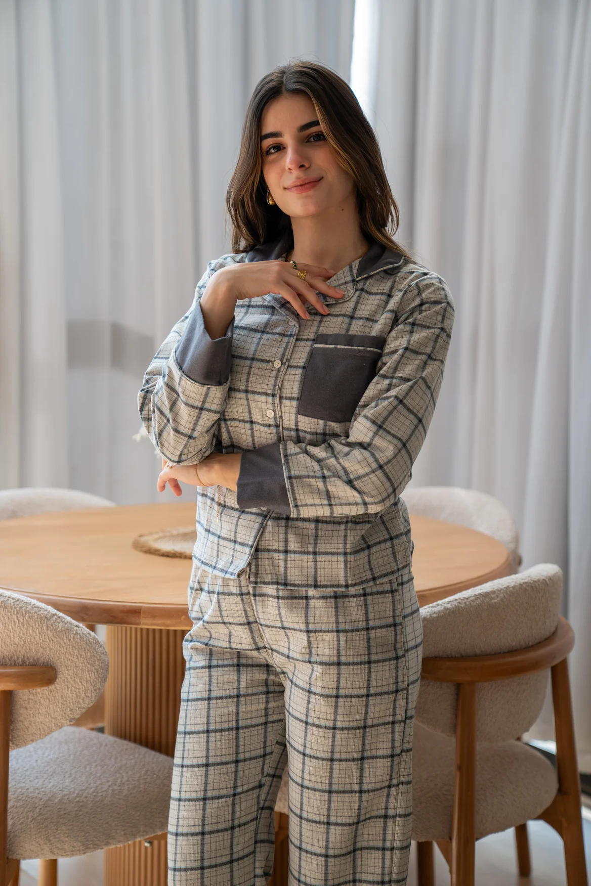 Women Winter Pajama Set Checkered Grey x Off-white Buttoned shirt + Checkered Grey x Off-white pants - Image 3