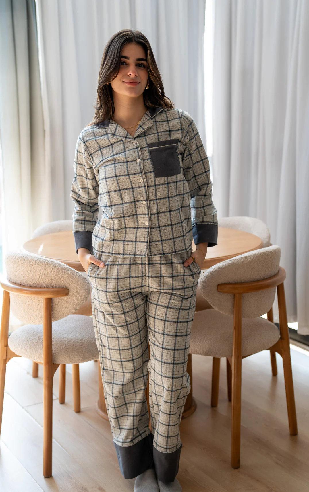 Women Winter Pajama Set Checkered Grey x Off-white Buttoned shirt + Checkered Grey x Off-white pants - Image 5