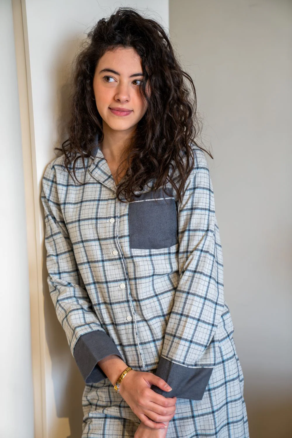 Women Winter Pajama Set Checkered Grey x Off-white Buttoned shirt + Checkered Grey x Off-white pants - Image 7