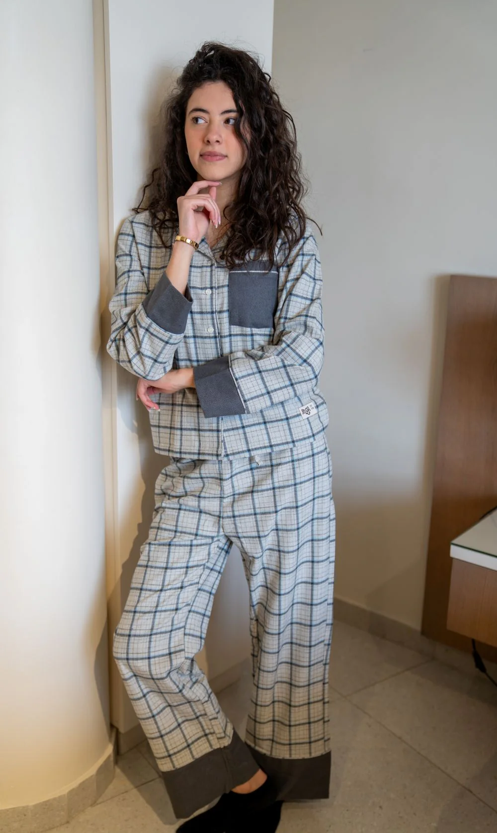 Women Winter Pajama Set Checkered Grey x Off-white Buttoned shirt + Checkered Grey x Off-white pants - Image 8