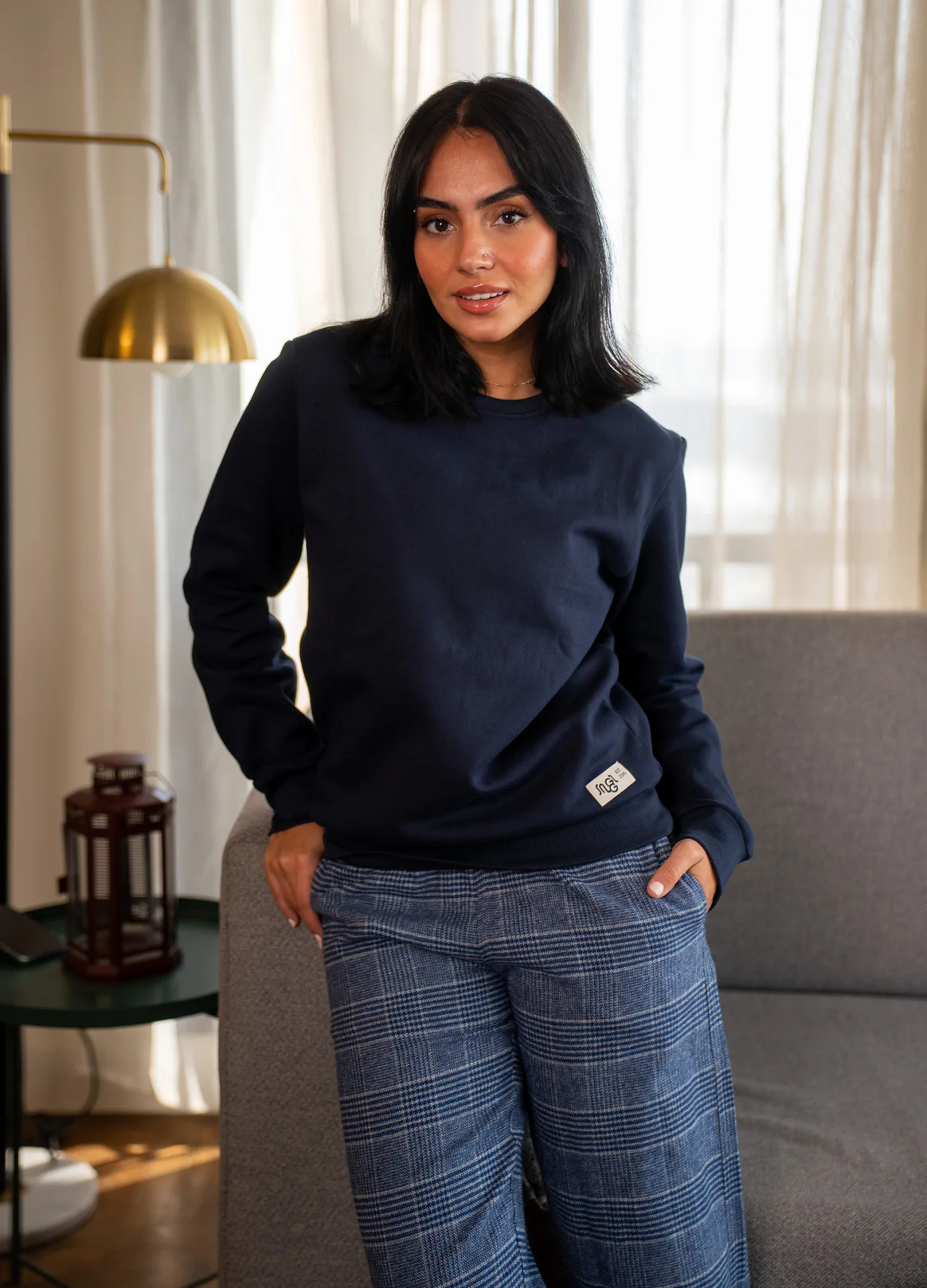 Women Winter Pajama Set Dark Blue Buttoned shirt +Checkered Grey x Dark blue pants - Image 2