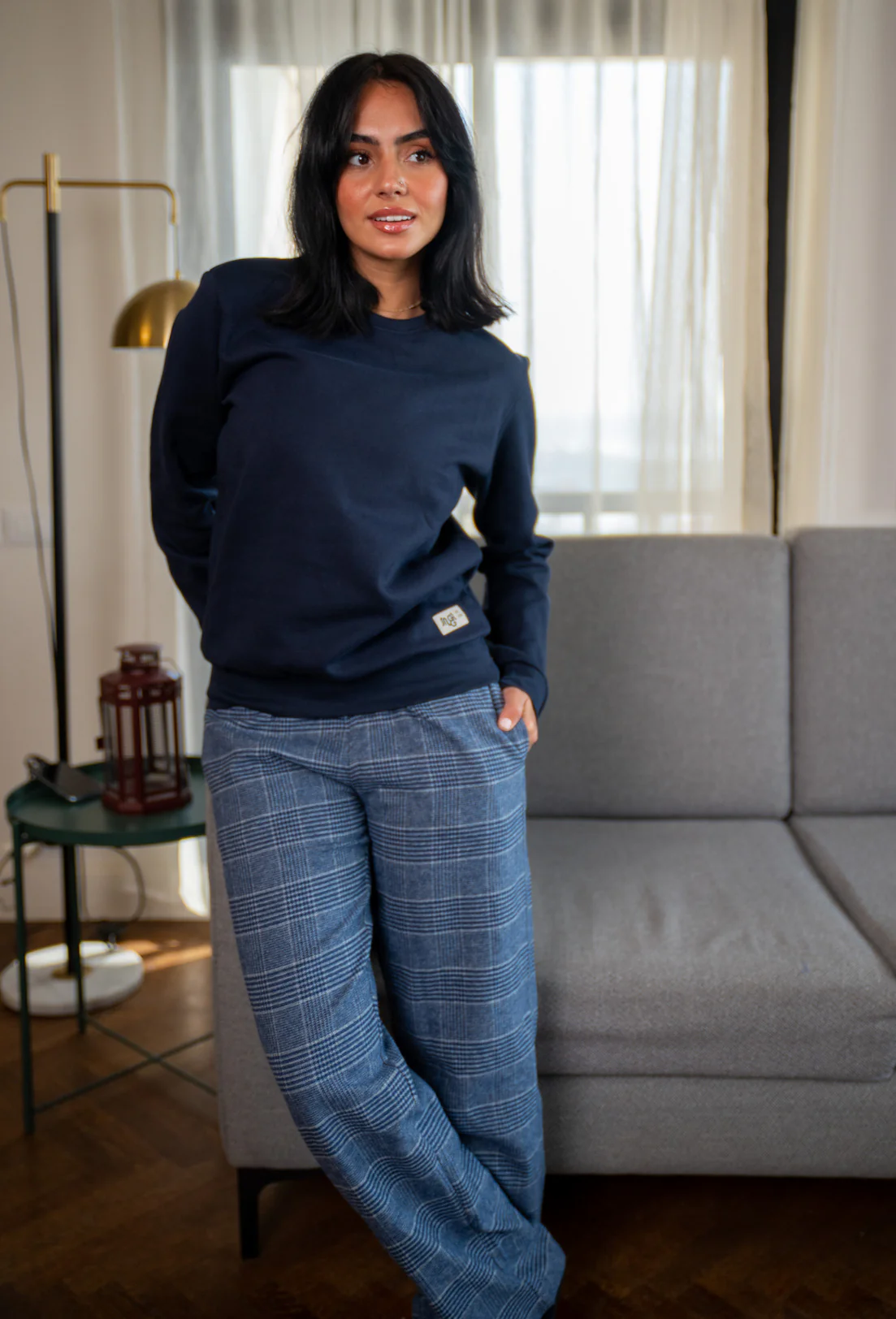 Women Winter Pajama Set Dark Blue Buttoned shirt +Checkered Grey x Dark blue pants - Image 3
