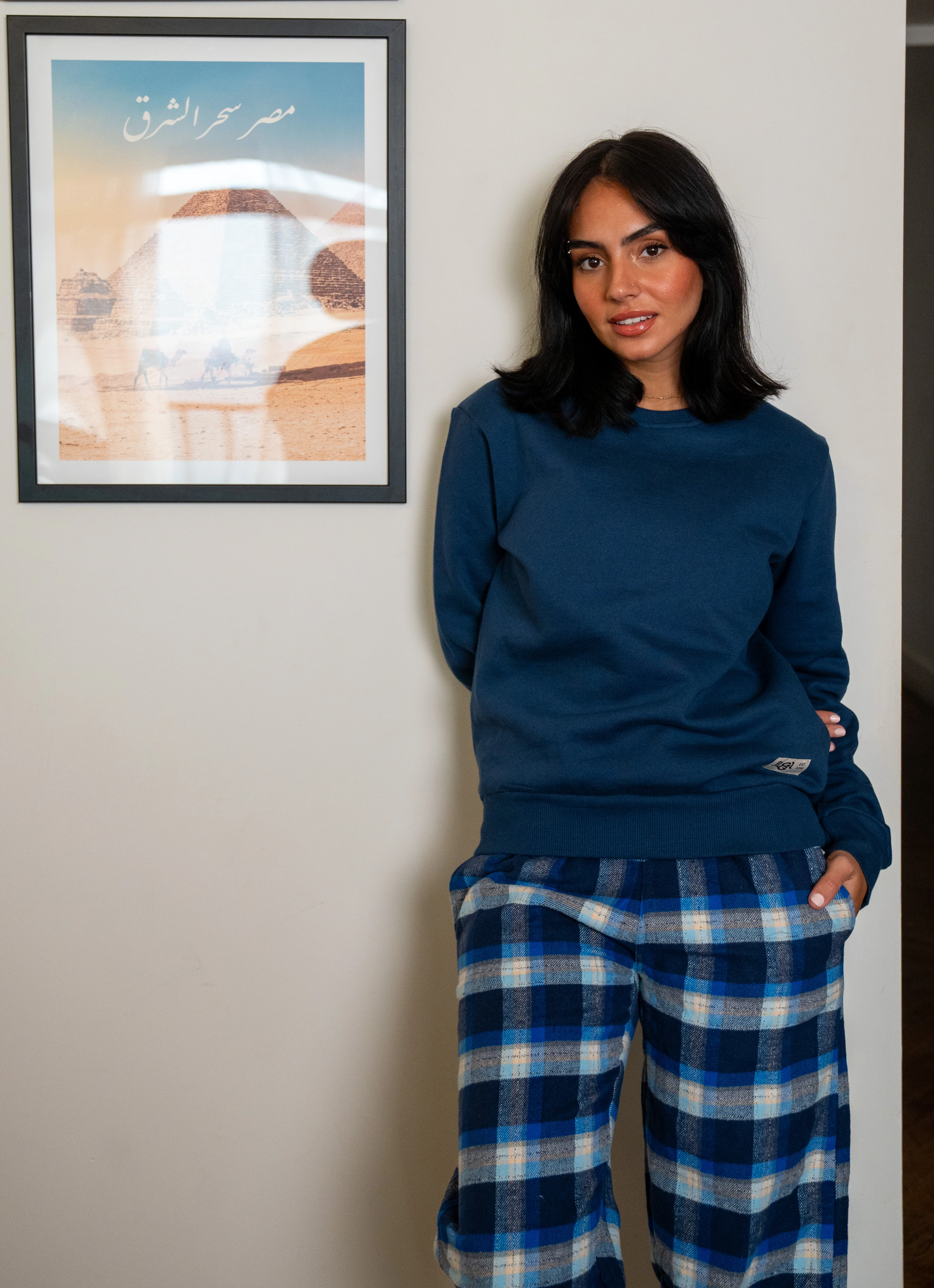 Women Winter Pajama Set Petroleum Buttoned shirt + Checkered Gray x Blue pants - Image 2