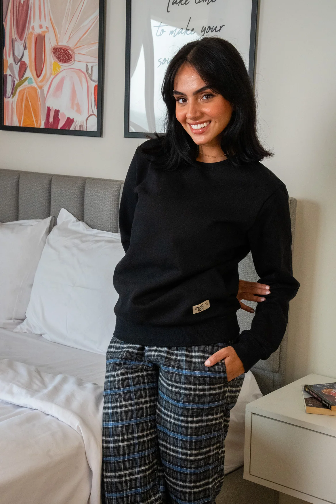 Women Winter Pajama Set Black Buttoned shirt+ Checkered Black x Gray pant