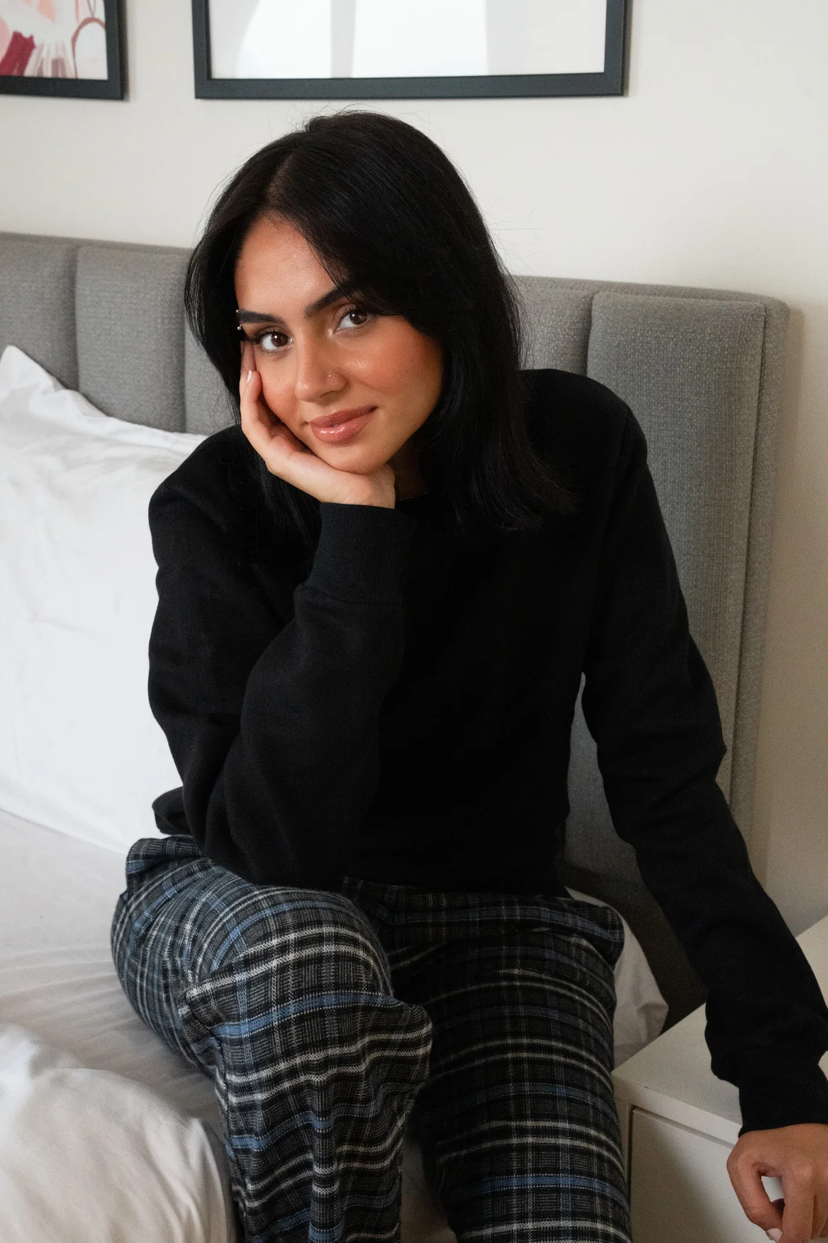 Women Winter Pajama Set Black Buttoned shirt+ Checkered Black x Gray pant - Image 2