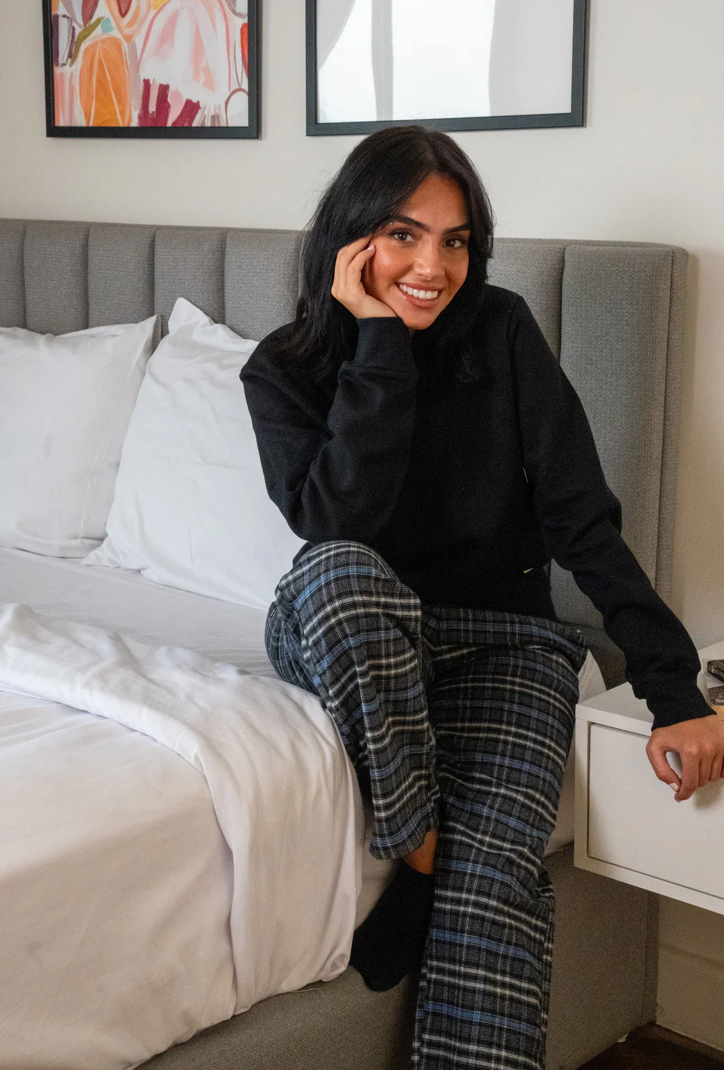 Women Winter Pajama Set Black Buttoned shirt+ Checkered Black x Gray pant - Image 3